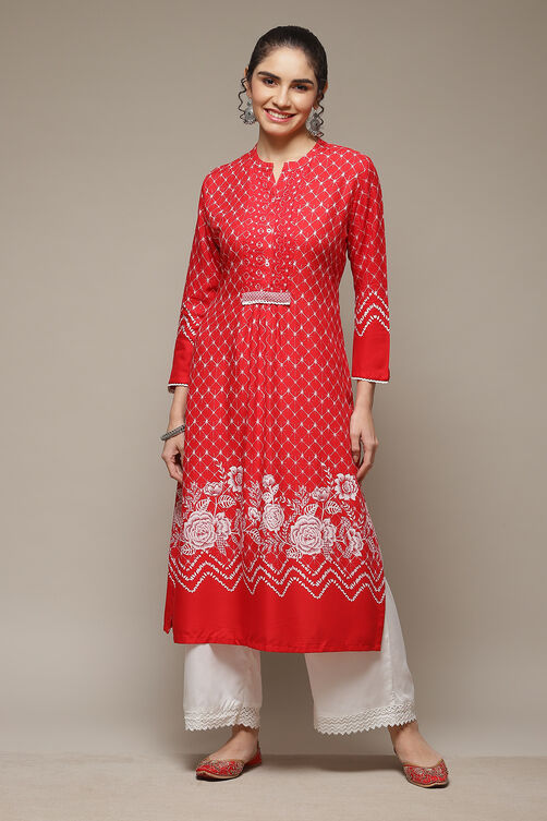 Red LIVA Straight Kurta image number 1